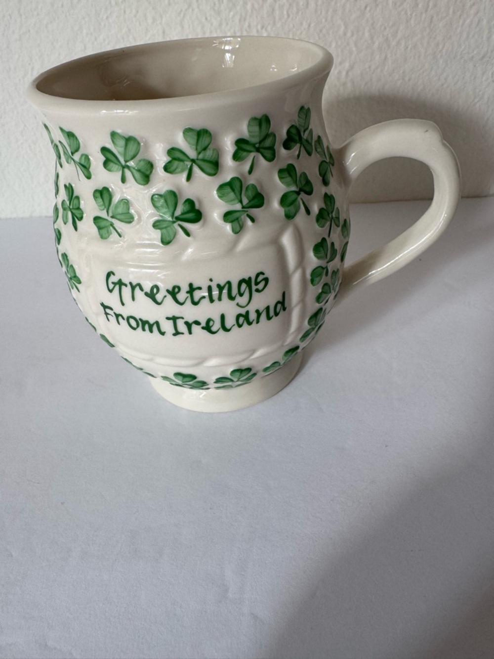 Belleek Shamrock Ceramic Mug in White and Green